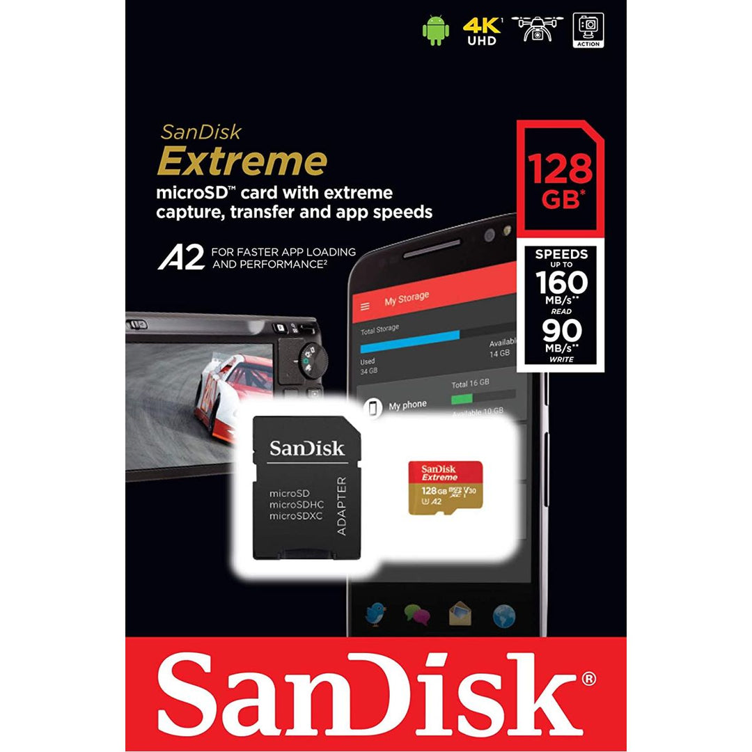 Carte MicroSD SanDisk Extreme 128GB - Vitesse 160MB/s Lecture, 90MB/s écriture, Classe A2, Pour Jeux Mobiles Et Vidéo 4K
